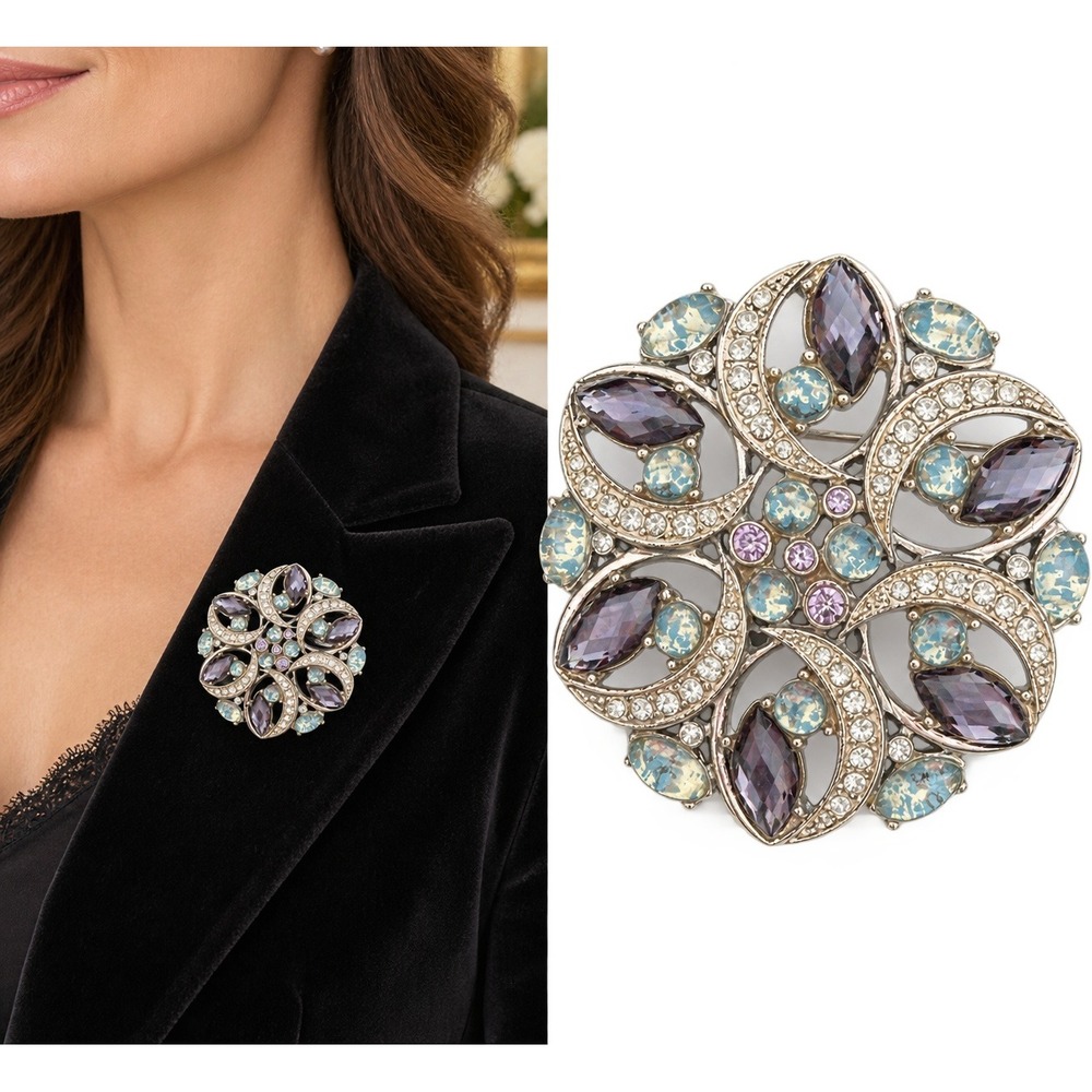 Vintage Napier Purple Blue Clear Stone Brooch Silver Tone Statement Pin